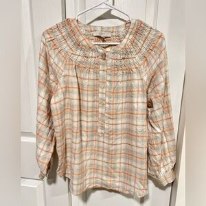LOFT Plaid smocked Henley blouse